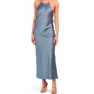 HOUSE OF HARLOW Satin Halter Backless Slip Maxi Dress Blue Check Size L
